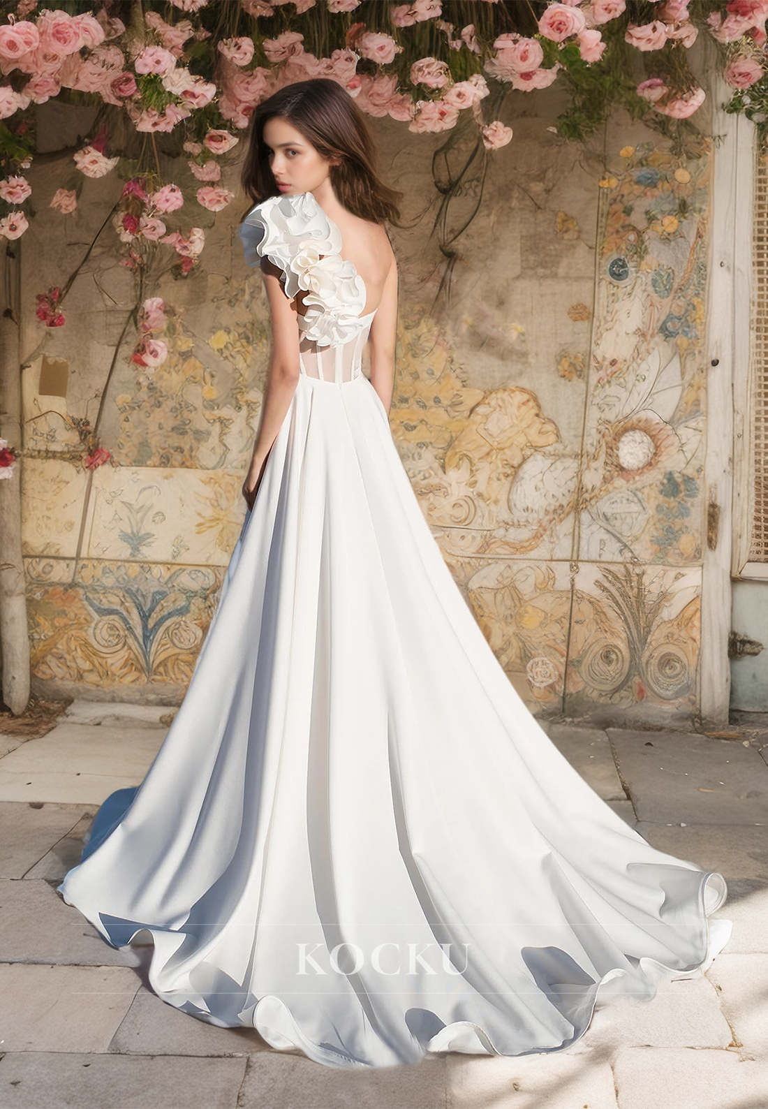 Sweetheart A-Line One Shoulder Sleeveless Train Satin Wedding Dress with Floral Embossed Bridal Gown