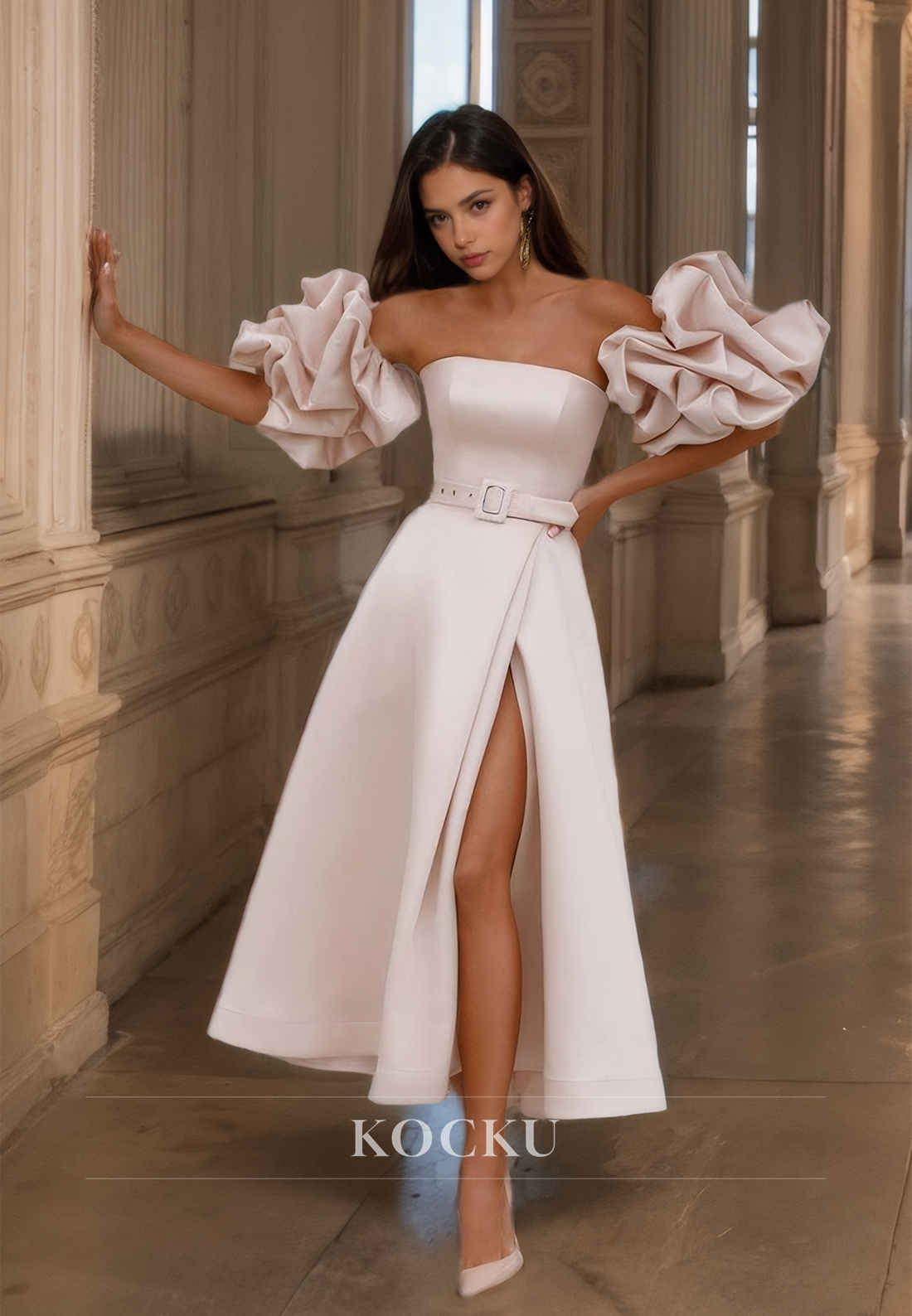 Causal&Simple Strapless A-Line Satin Prom Dress Puff Sleeves High Split with Belt