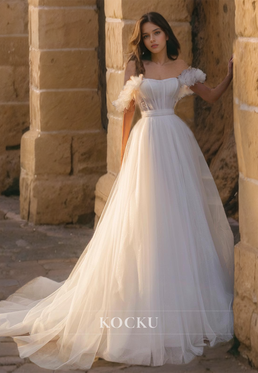 Off-Shoulder A-Line Wedding Dress Sleeveless Court Train Lace Bridal Gowns with Floral Embossed