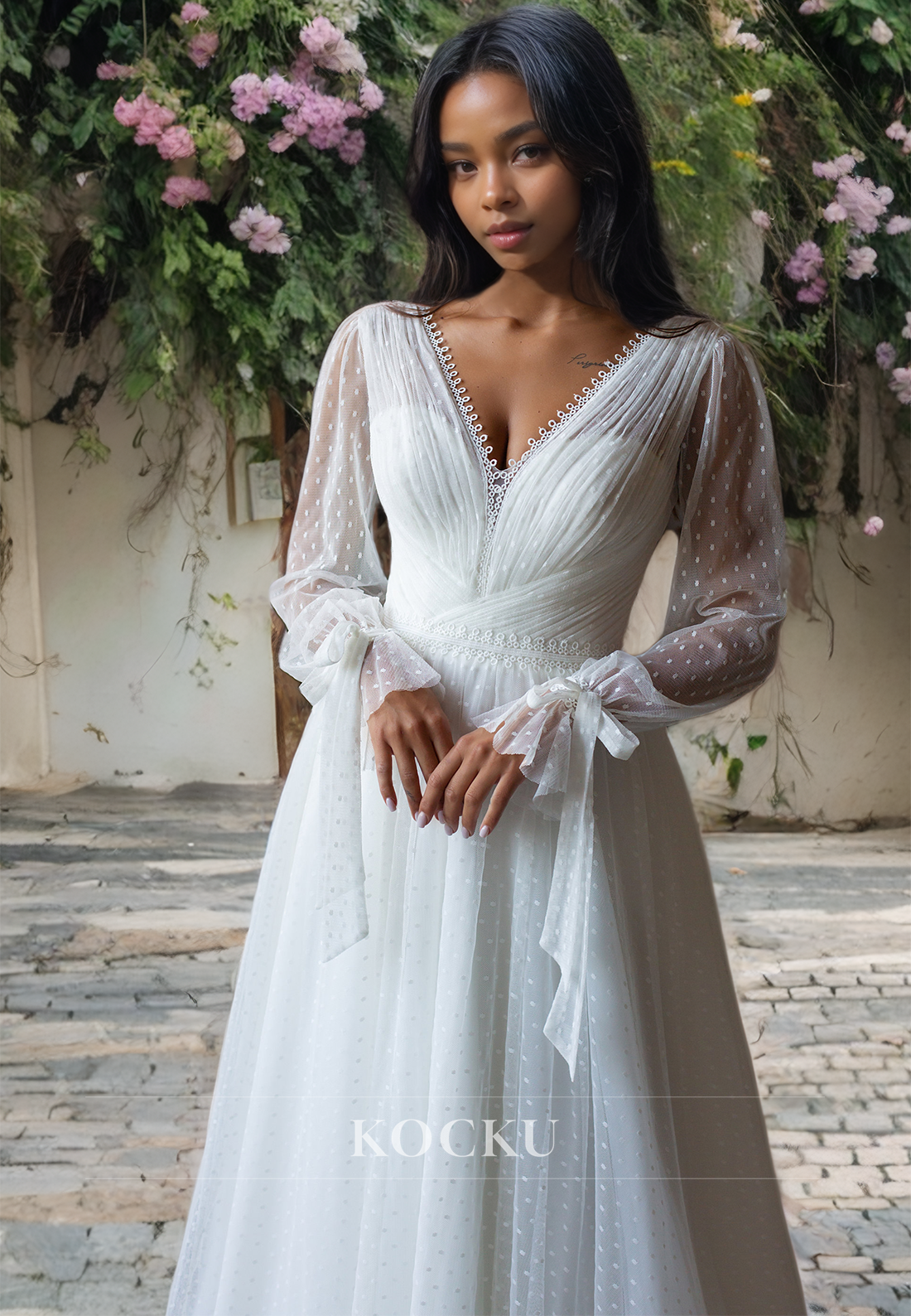 A-Line V-Neck Wedding Dress Long Sleeves Bowknots Lace Bridal Dress with Train