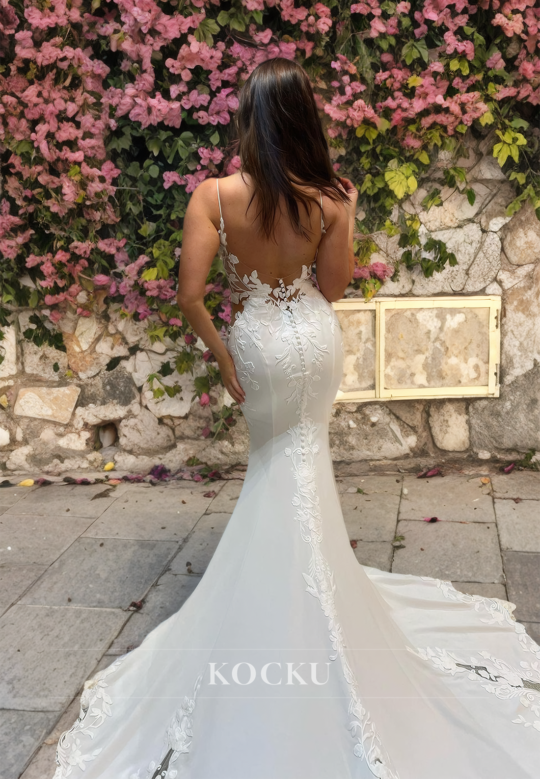 Spaghetti Straps Mermaid Low V-Neck Appliques Satin Wedding Dress with Sweep Train Bridal Gowns