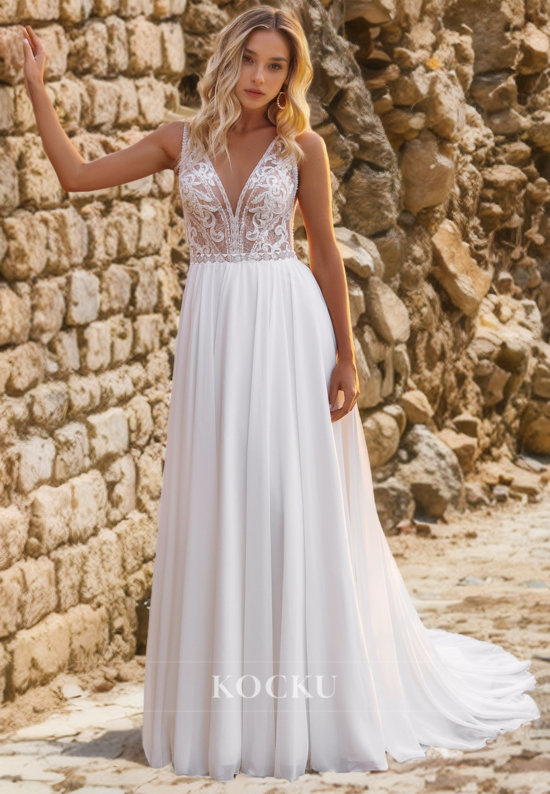 Causal & Simple A-Line V-Neck Sleeveless Satin Wedding Dress with Train