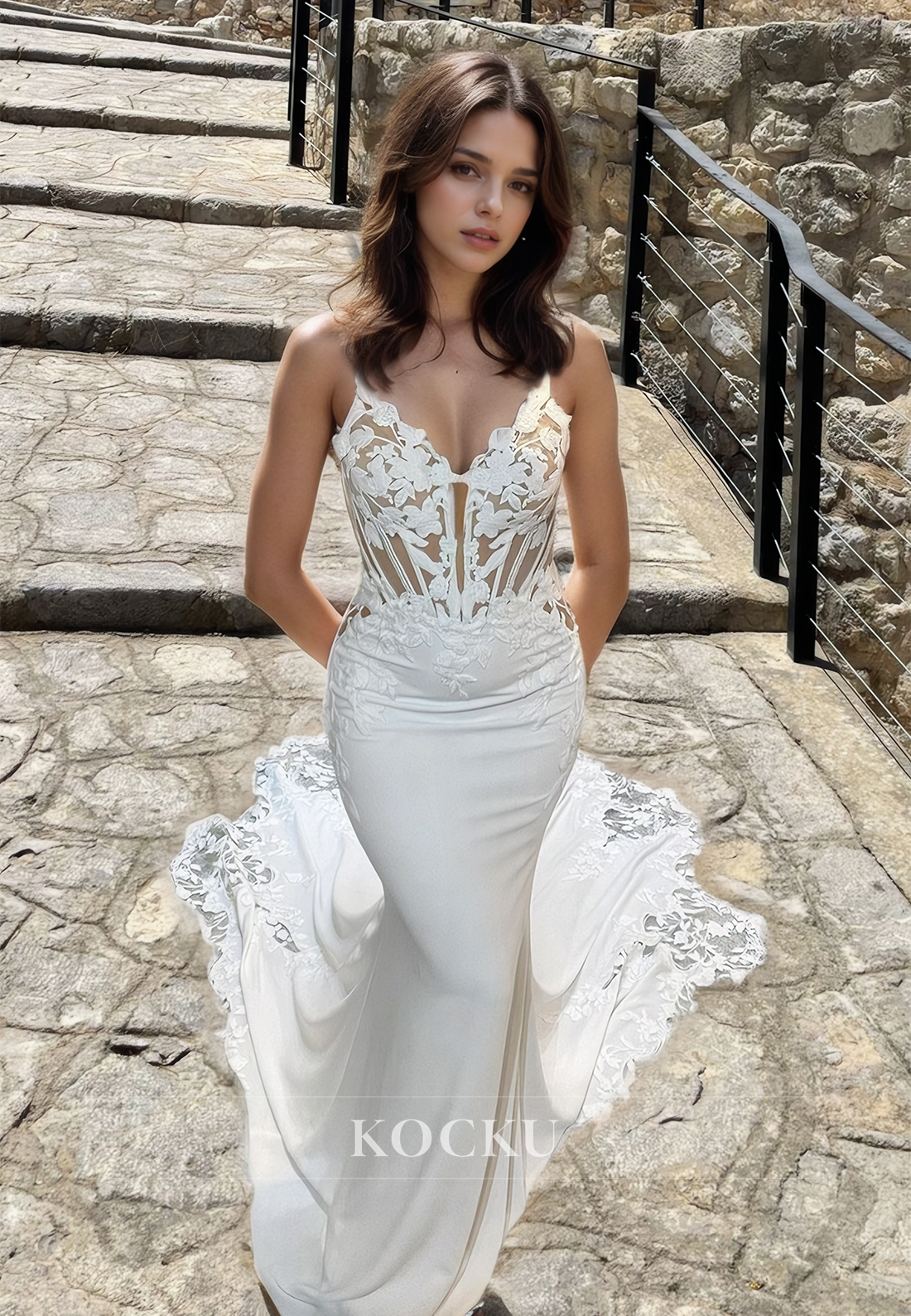 Spaghetti Straps Mermaid Low V-Neck Appliques Satin Wedding Dress with Sweep Train Bridal Gowns