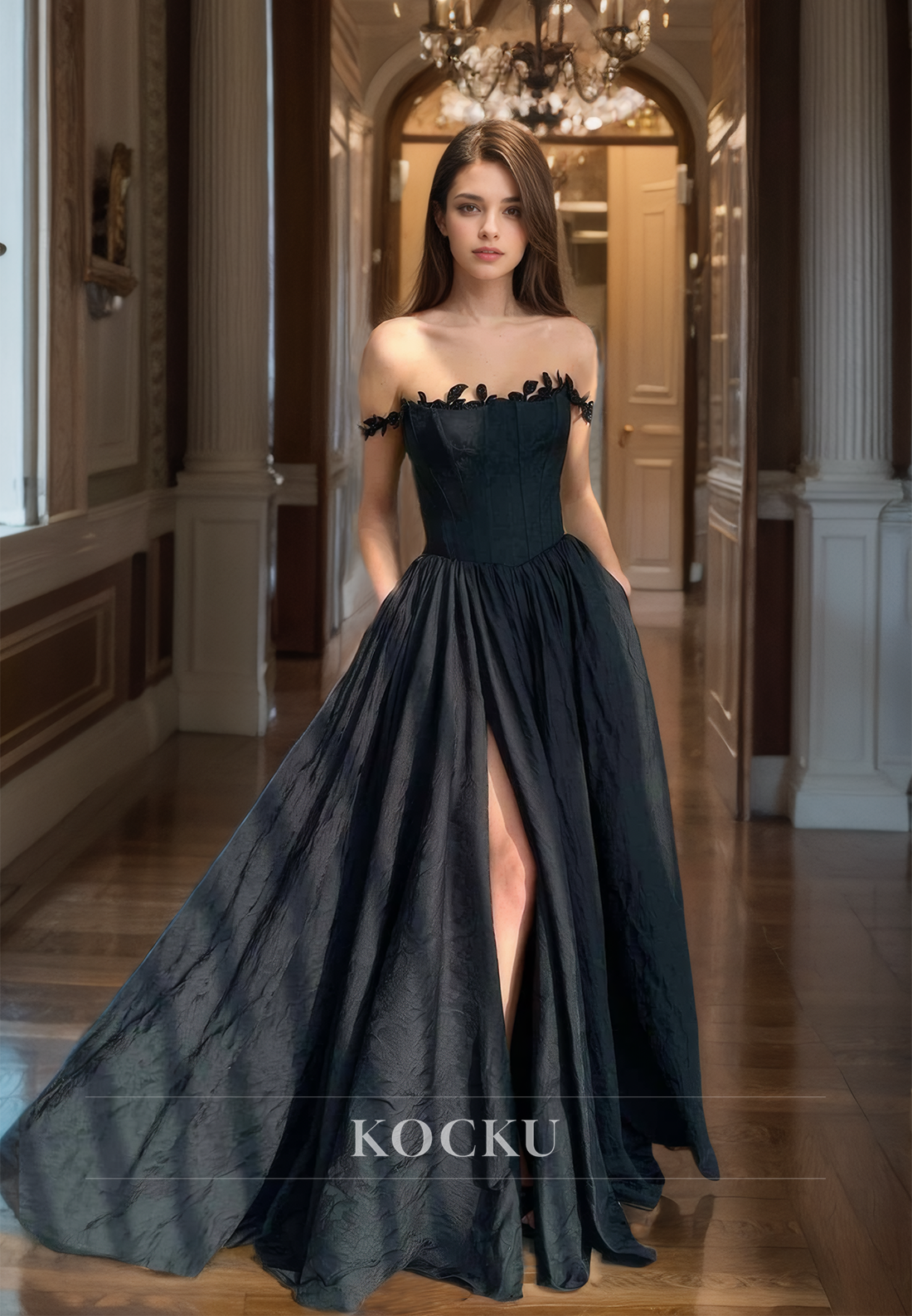 Off-Shoulder A-Line Sleeveless High Split Pleated Satin Prom Dress with Feather Formal Gowns