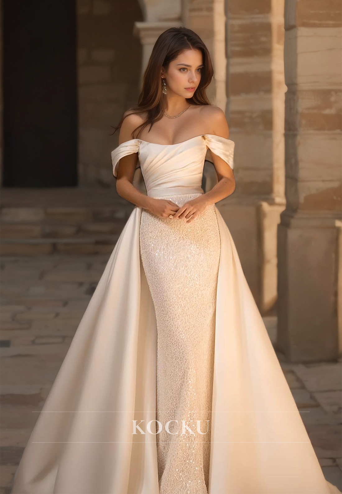 Off-Shoulder Sheath Bridal Gowns Sleeveless Beads Pleated Satin Wedding Dress with Overskirt