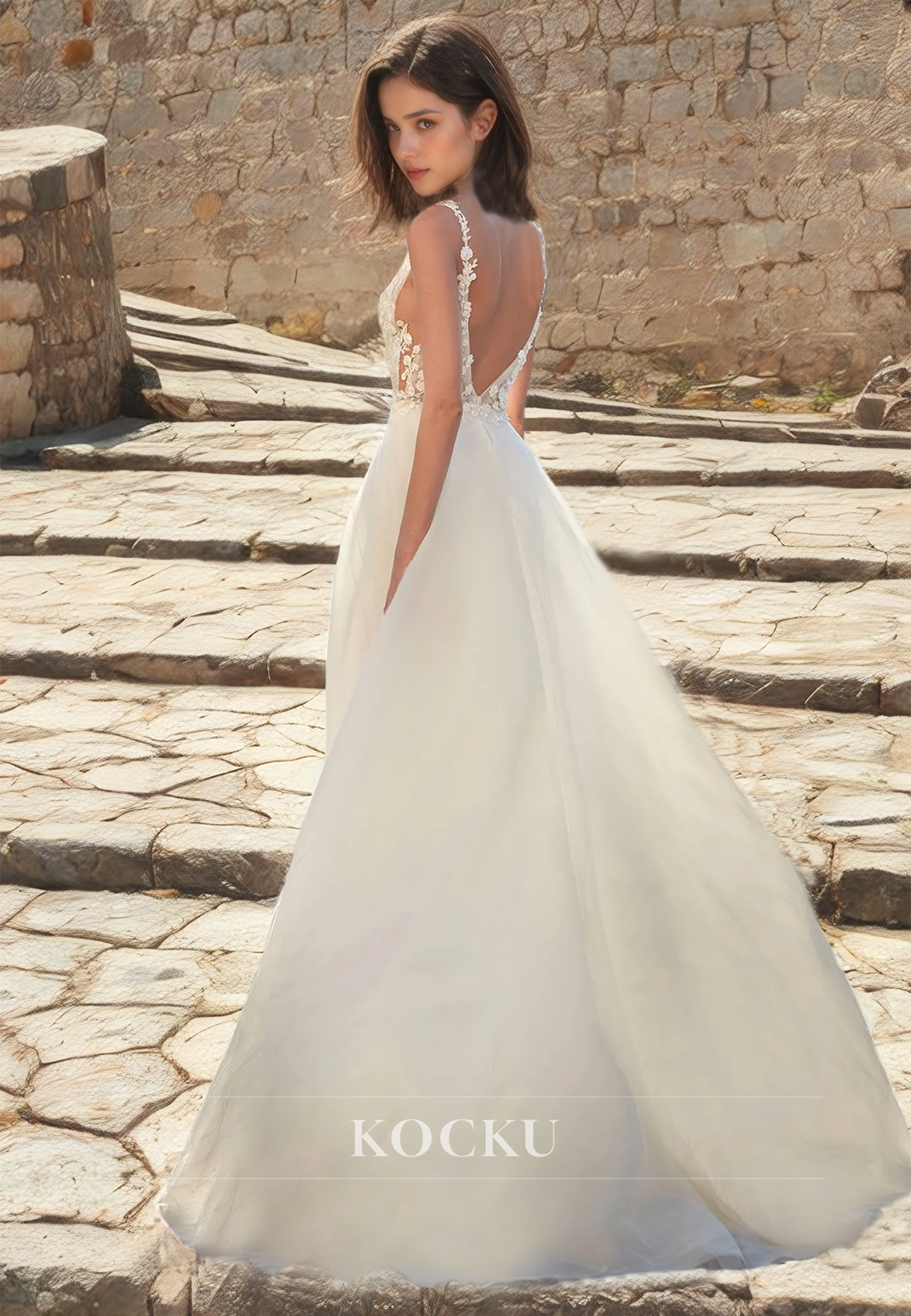 A-Line V-Neck Beach Wedding Dress Spaghetti Straps Slit Floor-Length Lace Boho Dress with Appiques