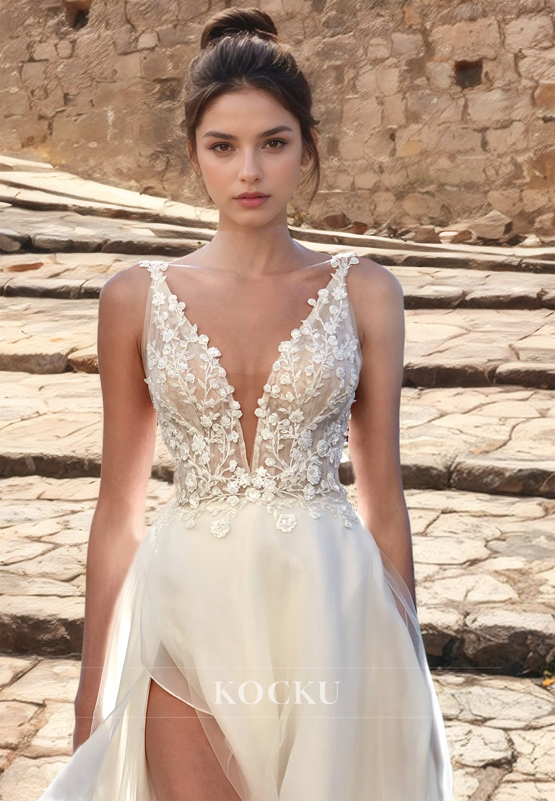 A-Line V-Neck Beach Wedding Dress Spaghetti Straps Slit Floor-Length Lace Boho Dress with Appiques