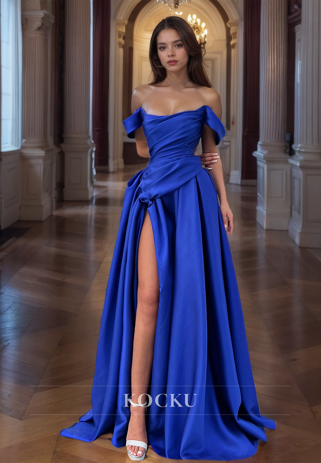 Off-Shoulder A-Line Sleeveless Floor-Length Pleated Satin Prom Dress with High Split Party Gowns