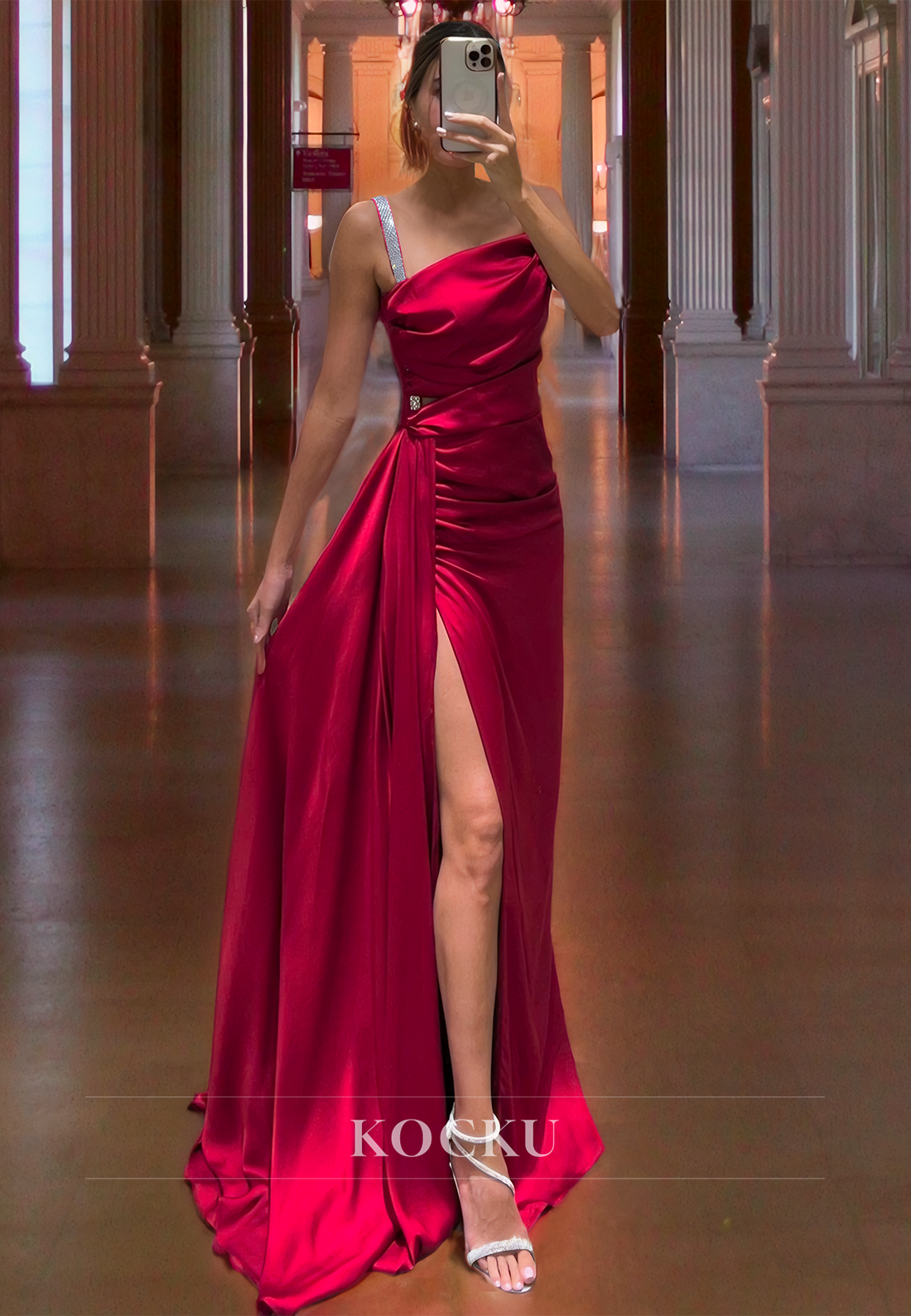 Spaghetti Straps Sheath Sleeveless High Split Pleated Satin Evening Dress with Train Prom Dress