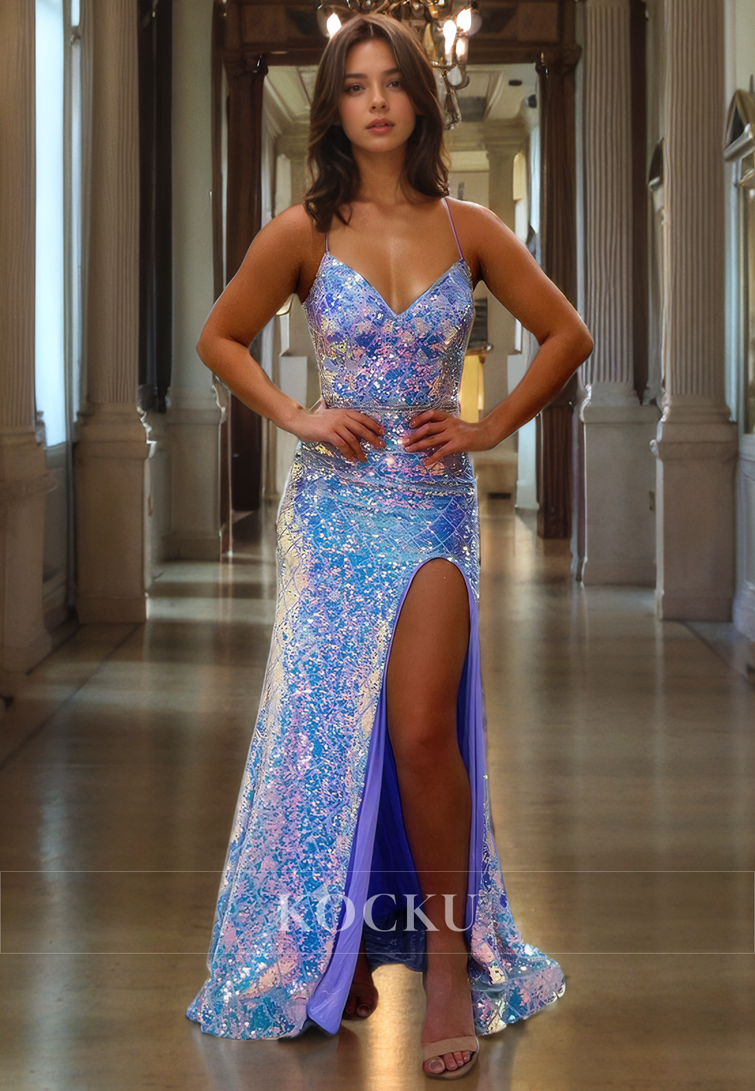 Gorgeous & Charming V-Neck Sleeveless Mermaid Sparkly Split Evening Party Prom Dress