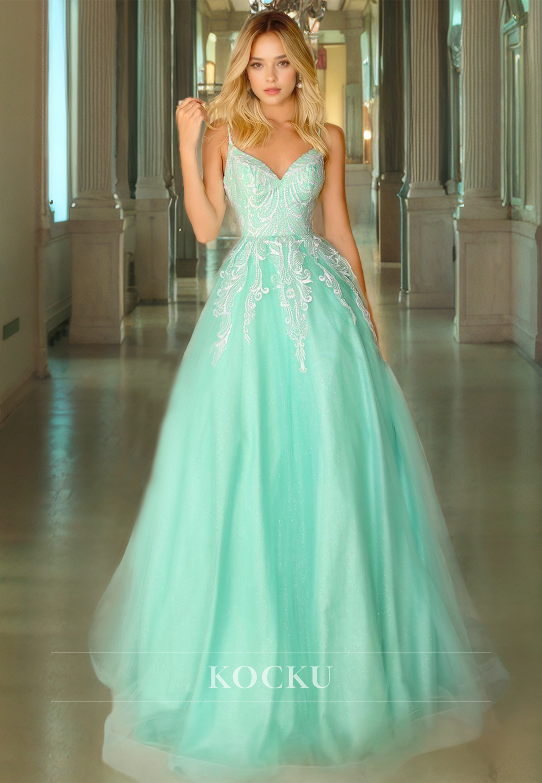 A-Line Spaghetti Straps Prom Dress Sleeveless Mint Green Lace Formal Dress with Train