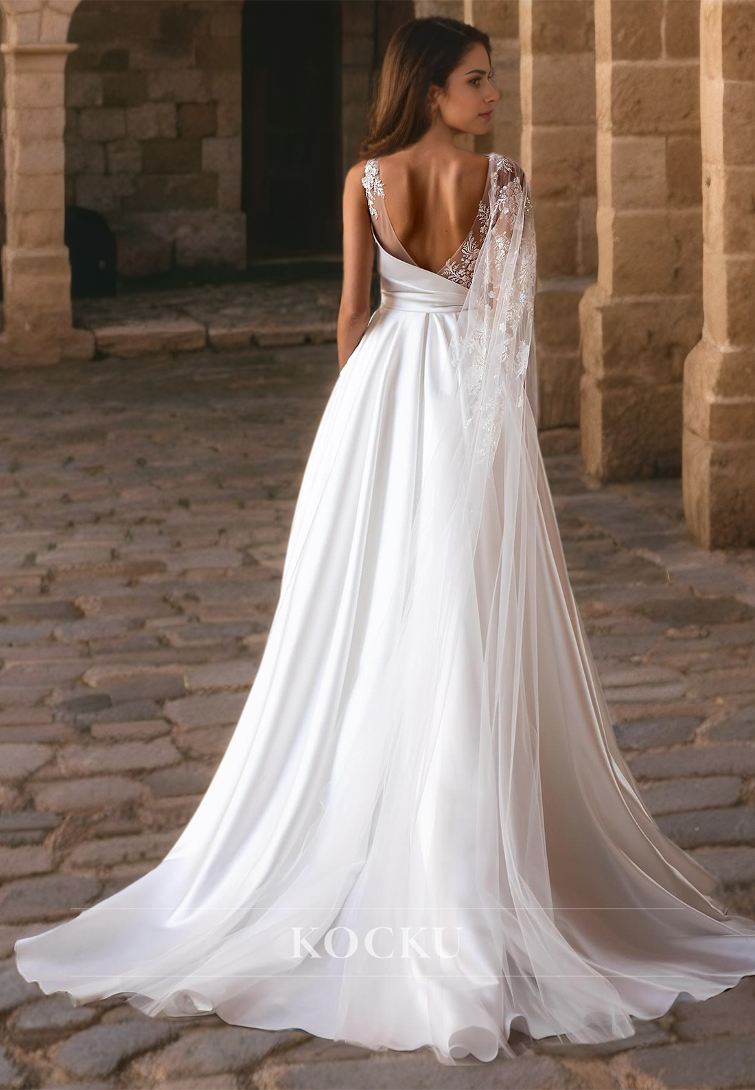 A-Line Asymmetrical Wedding Dress Sleeveless Appliques Satin Bridal Dress with Train