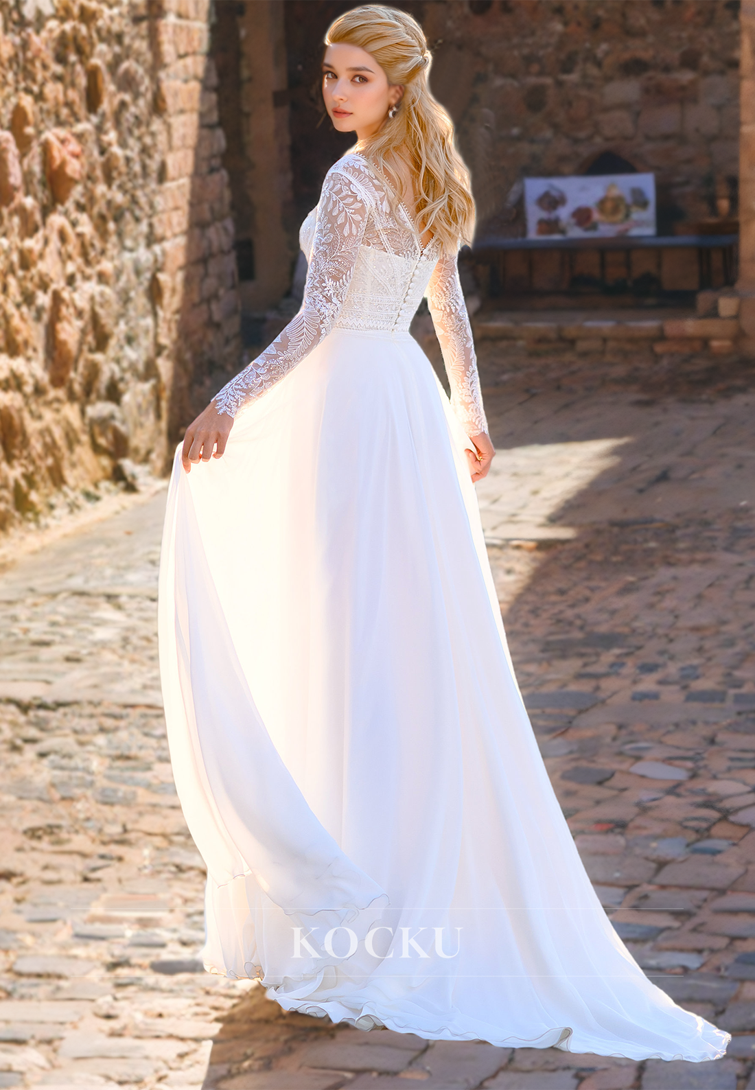 Beach Wedding Dress A-Line V-Neck Long Sleeves Split Lace Boho Wedding Dress with Train