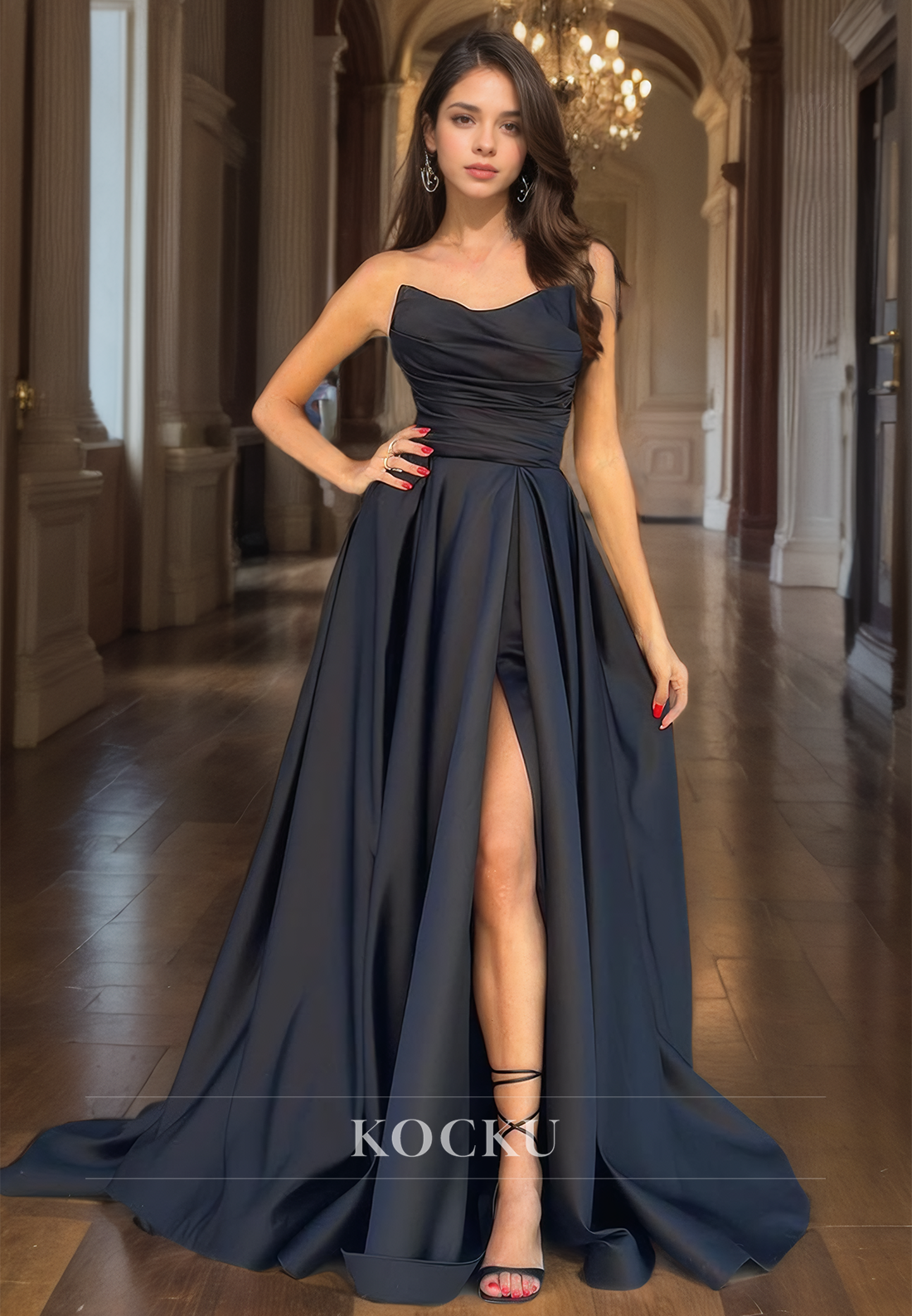 A-Line Strapless Formal Dress Sleeveless High Split Pleated Satin with Sweep Train Prom Dress