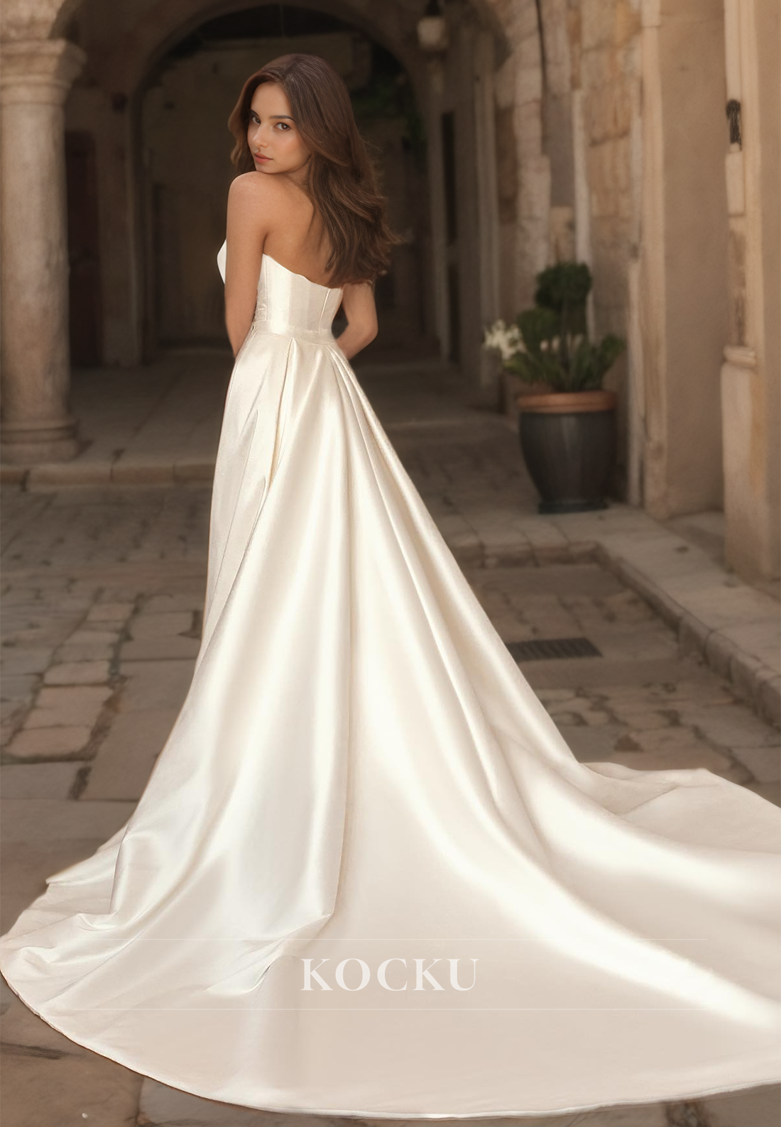 Sweetheart Mermaid Sleeveless Sweep Train Pleated Satin Wedding Gowns with Overskirt Bridal Dress