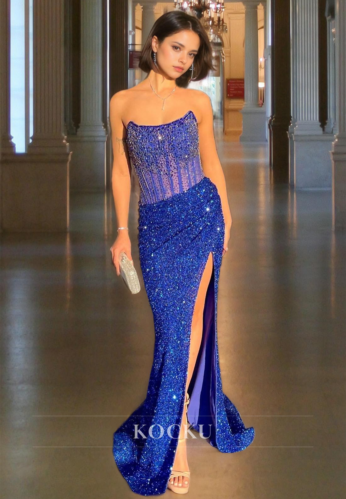 Strapless Sheath Prom Dress Sleeveless Sweep Train Slit Sequins Evening Party Dress with Beads