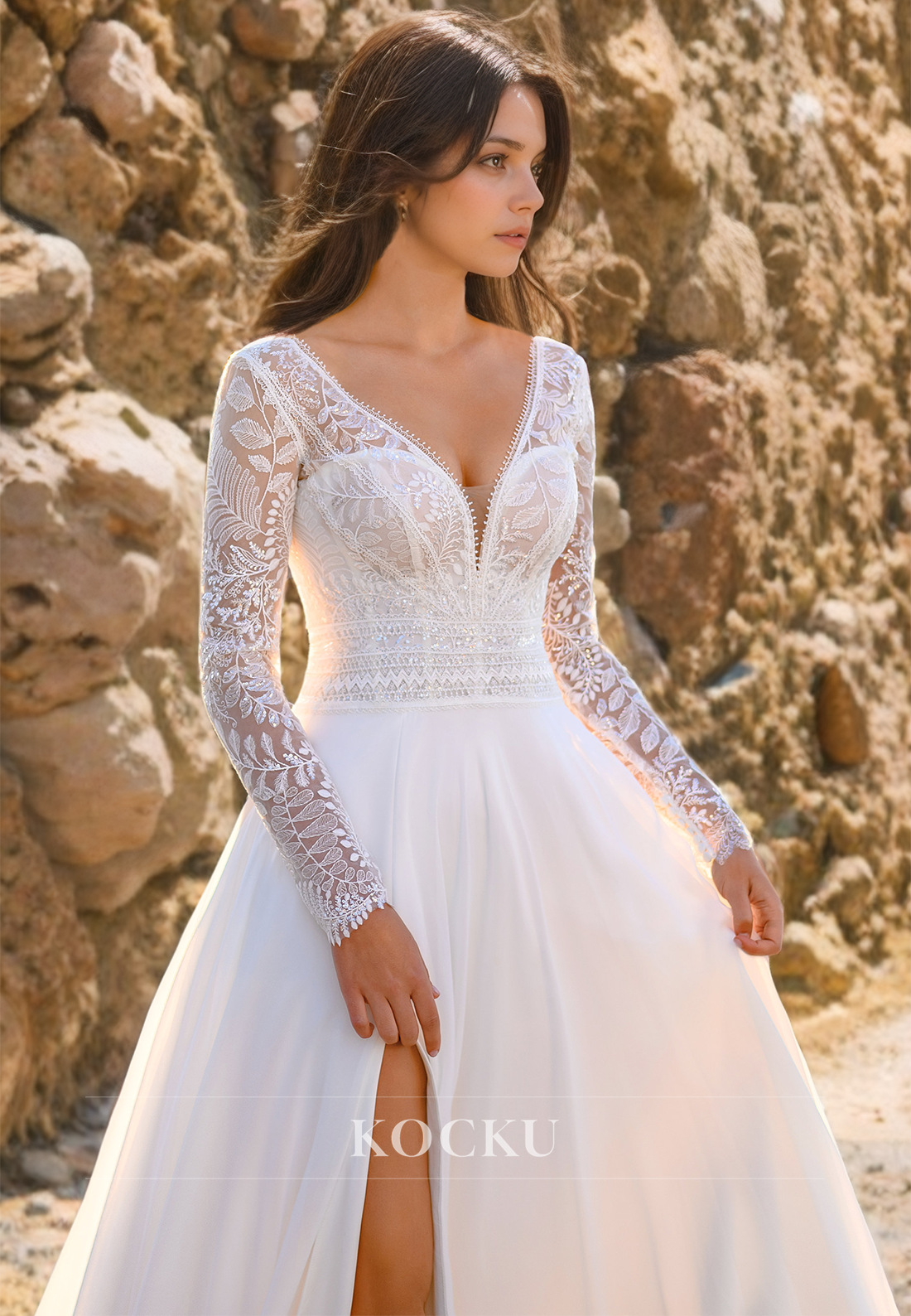 Beach Wedding Dress A-Line V-Neck Long Sleeves Split Lace Boho Wedding Dress with Train