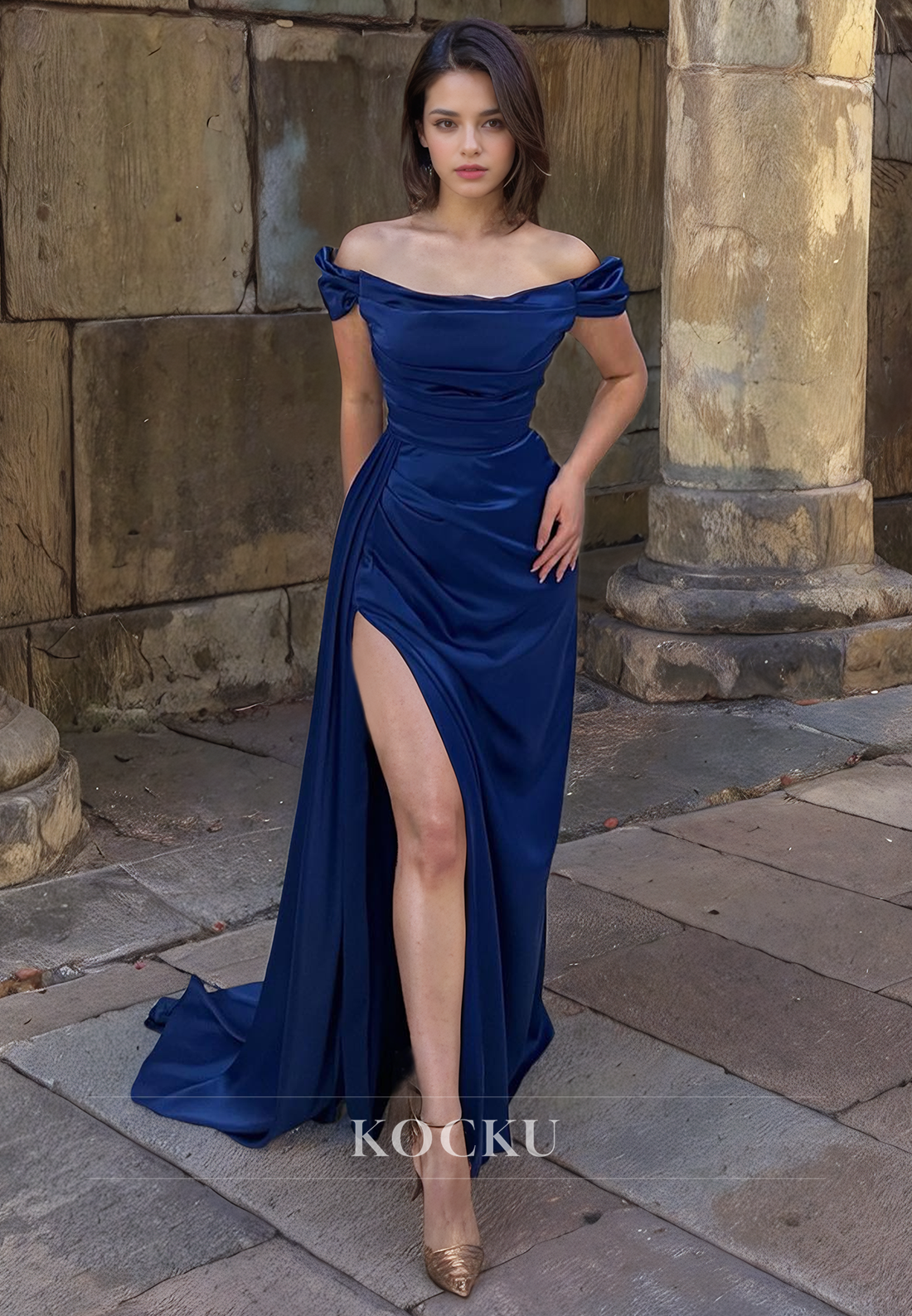 Off-Shoulder Mermaid Prom Dress Sleeveless High Slit  Satin Formal Gown with Train Pleats