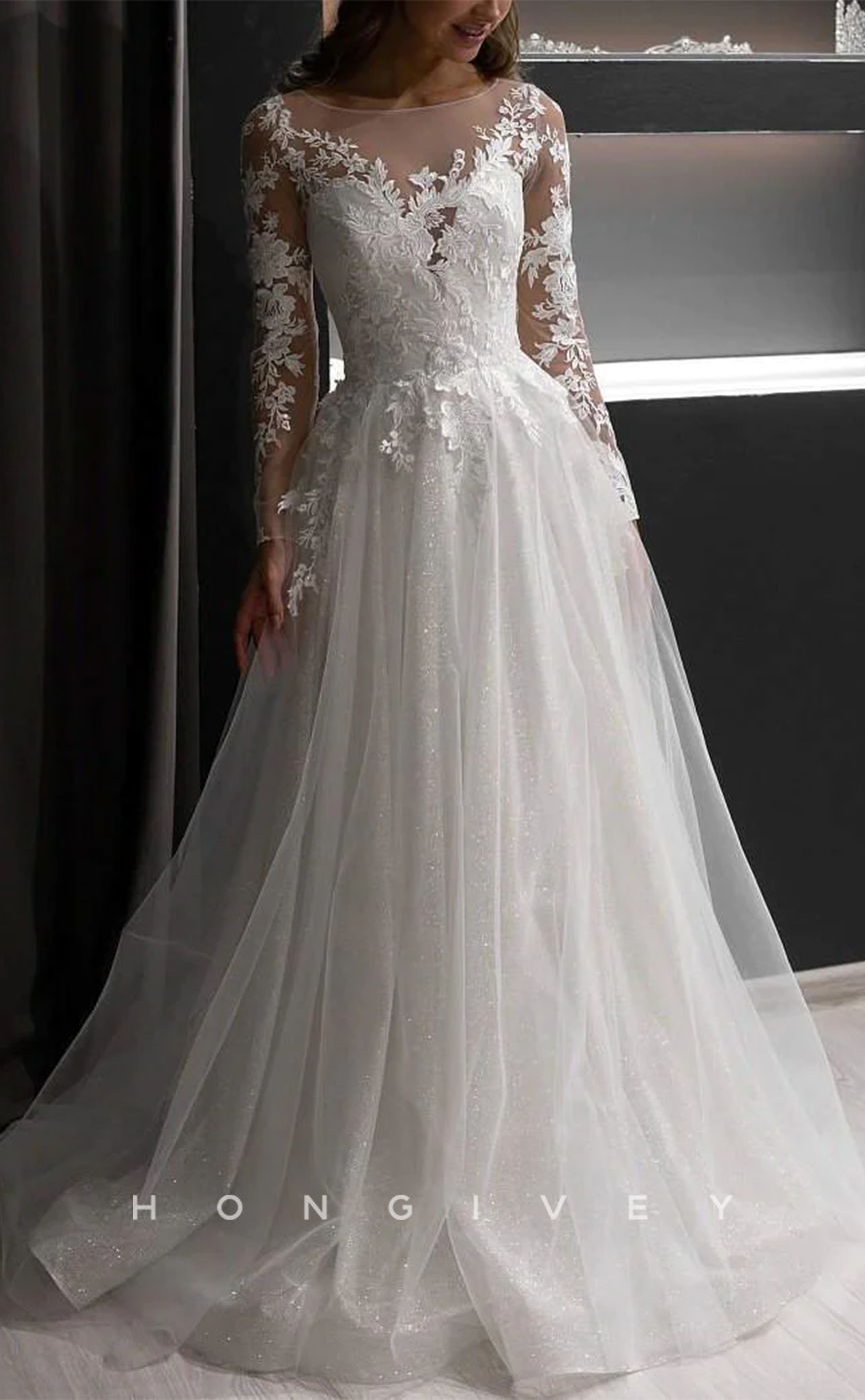 H1711 - A-Line Scoop Long Sleeve Lace Applique Tulle Wedding Dress