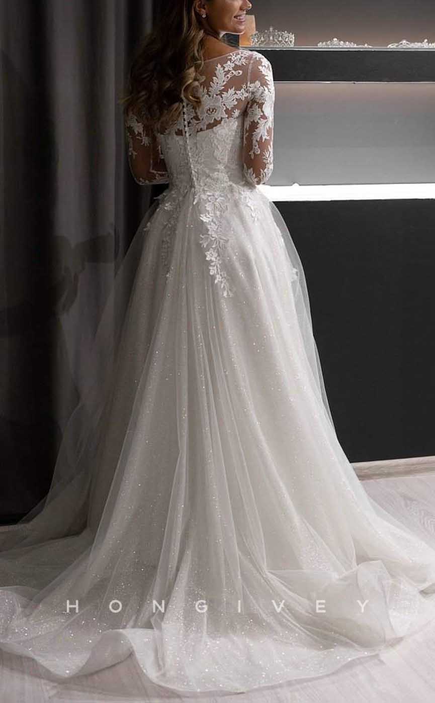 H1711 - A-Line Scoop Long Sleeve Lace Applique Tulle Wedding Dress