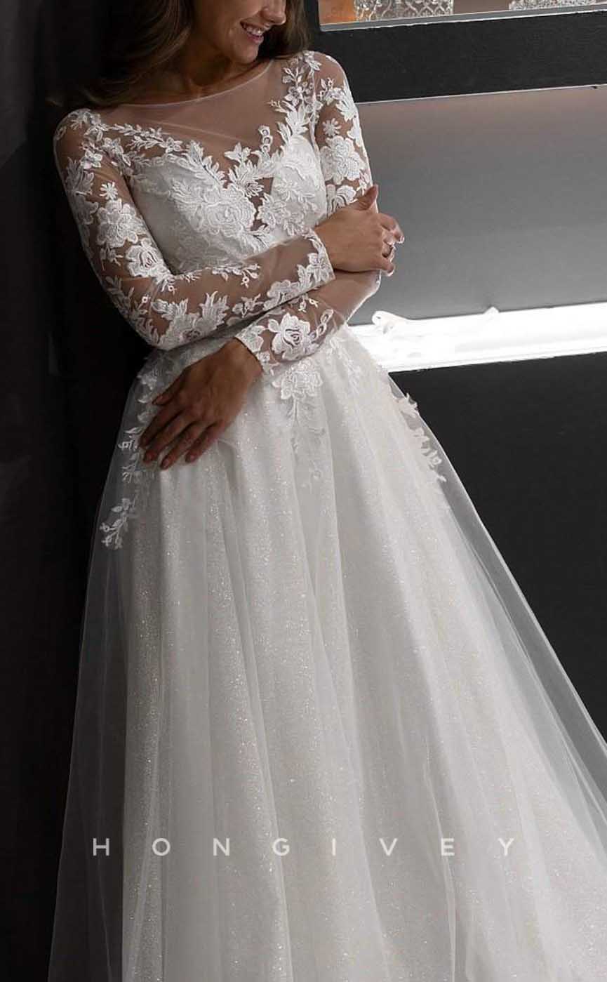 H1711 - A-Line Scoop Long Sleeve Lace Applique Tulle Wedding Dress