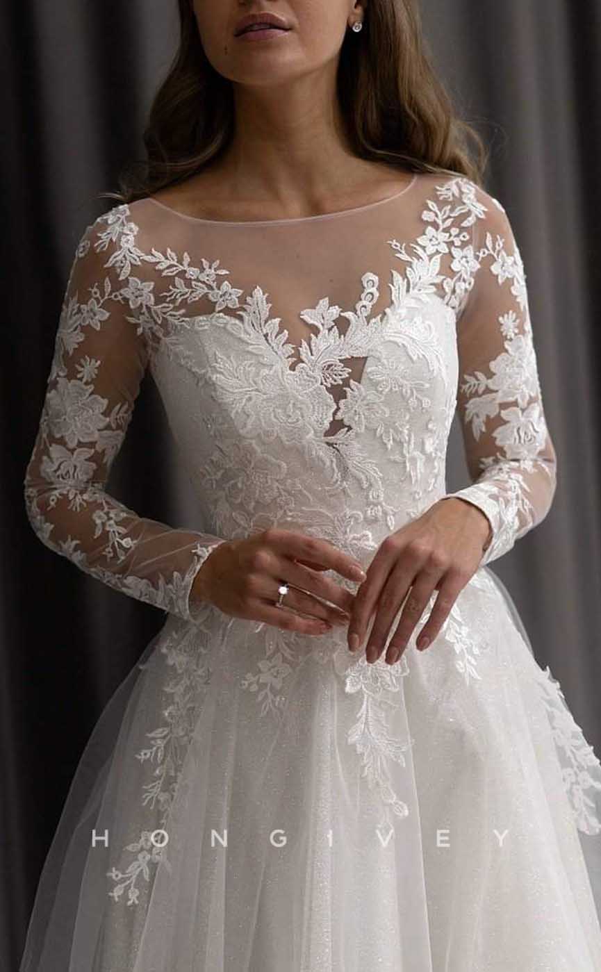 H1711 - A-Line Scoop Long Sleeve Lace Applique Tulle Wedding Dress