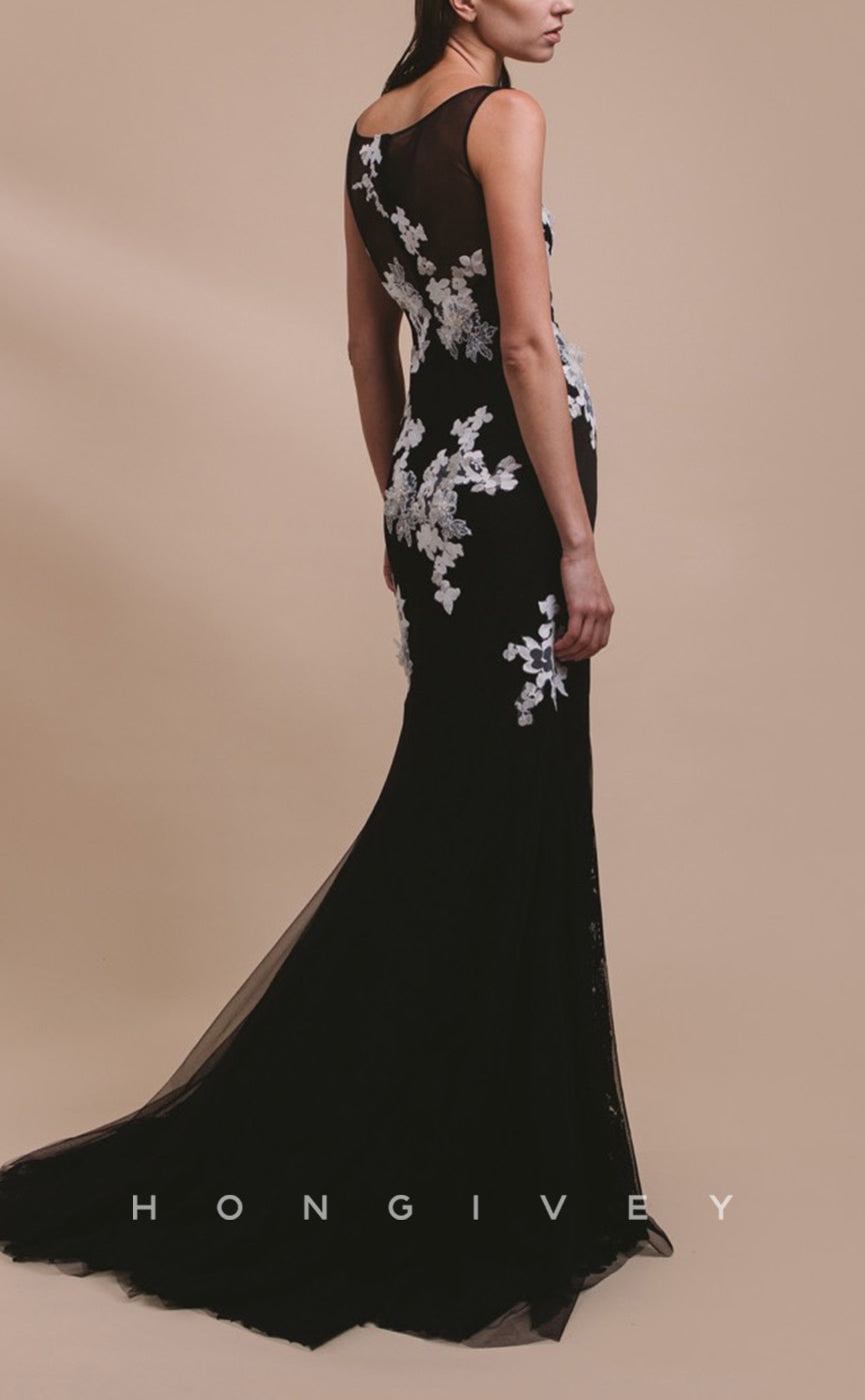 HM114 - Chic & Modern Black Illusion With Train Scoop Sleeveless Appliques Wedding Party Dresses