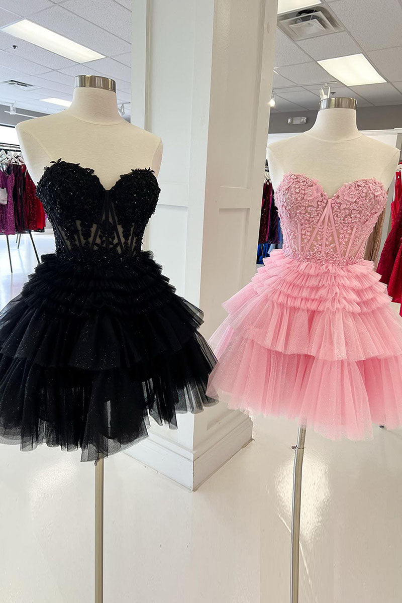 H5127 - Sweetheart Strapless Appliqued Sheer A-Line Mini Homecoming Dress