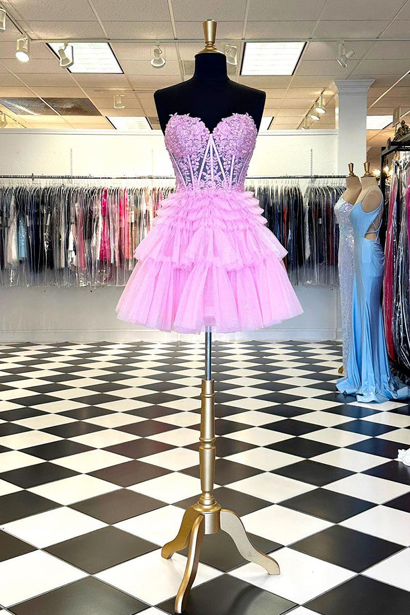 H5127 - Sweetheart Strapless Appliqued Sheer A-Line Mini Homecoming Dress