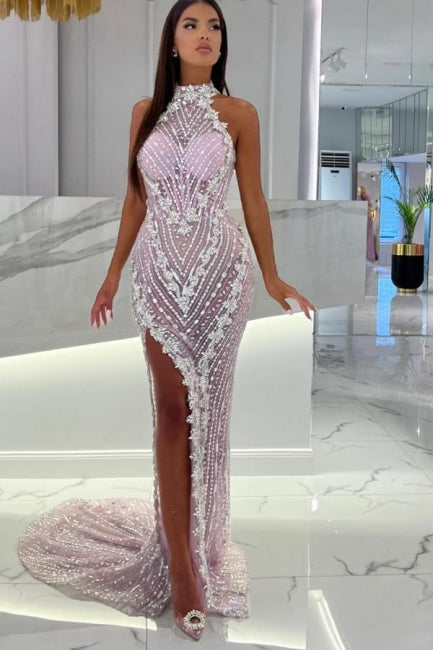 Unique Mermaid High Neck Pink High Split Prom Dress