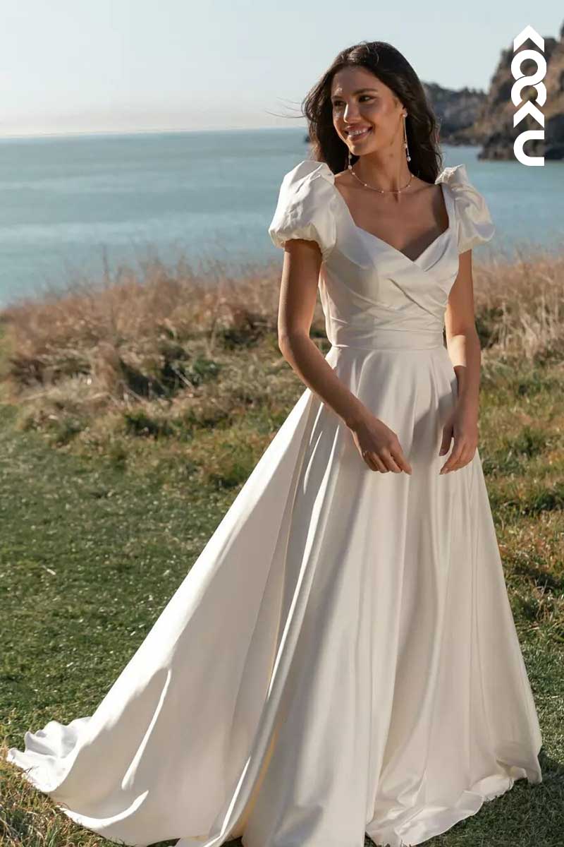 K1000 - V-Neck Short Puff Sleeves Ruched Backless Satin Long Wedding Dress