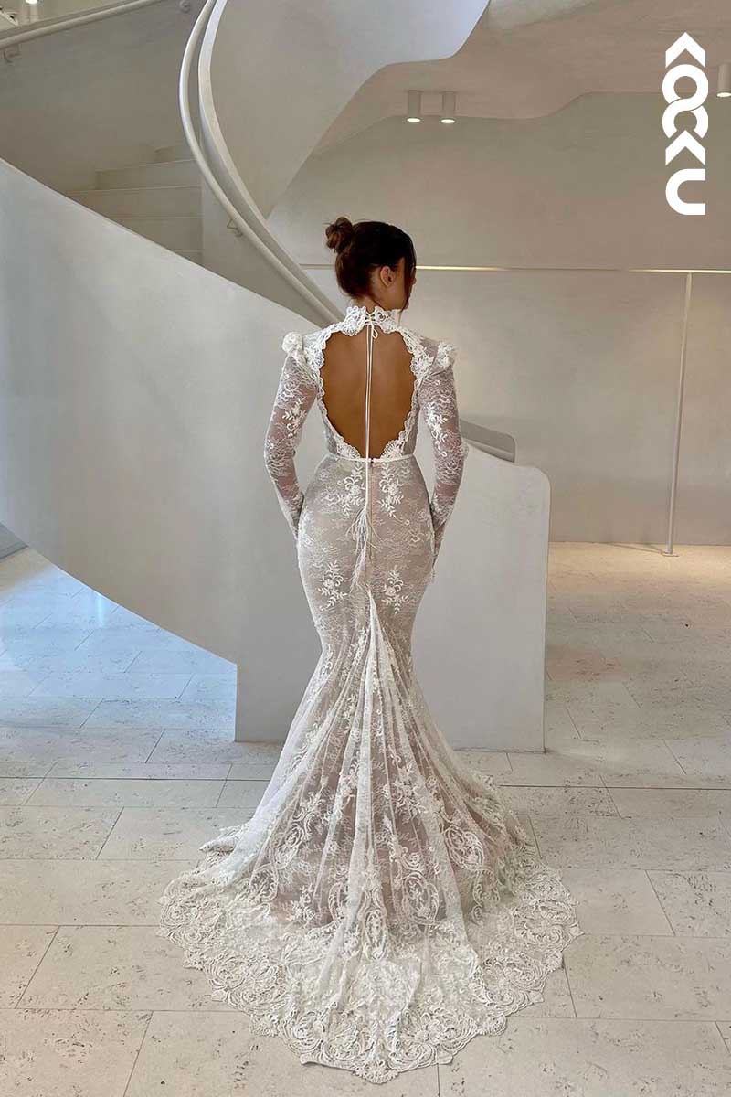 K1001 - Deep V-Neck Long Sleeves Lace Appliqued Backless Long Wedding Dress