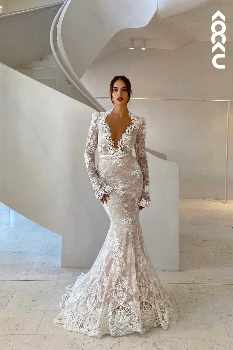 K1001 - Deep V-Neck Long Sleeves Lace Appliqued Backless Long Wedding Dress