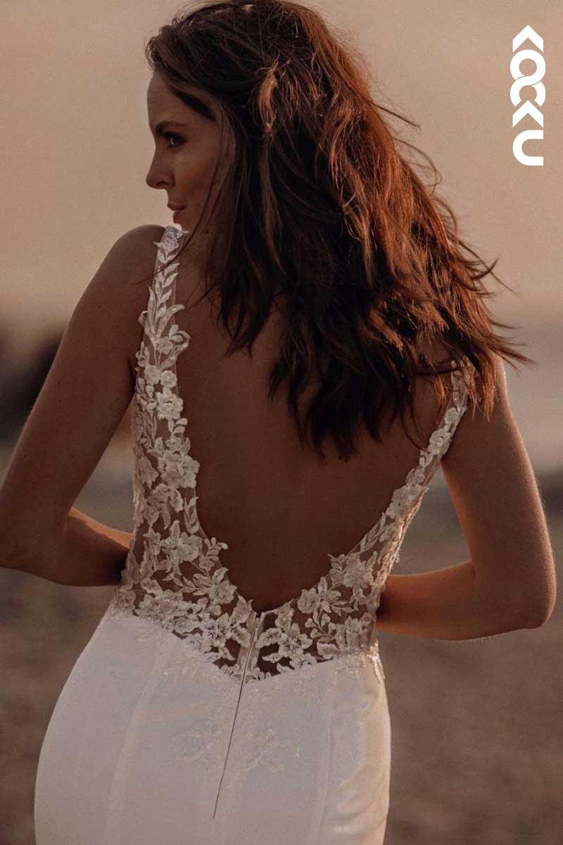 K1002 - V-Neck Lace Appliqued Beaded Backless Long Mermaid Wedding Dress