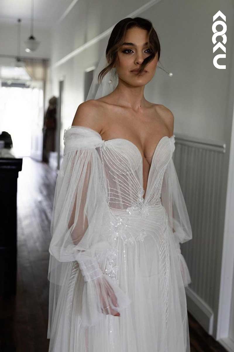 K1003 - Deep V-Neck Off-Shoulder Appliqued Beaded Tulle Long Wedding Dress