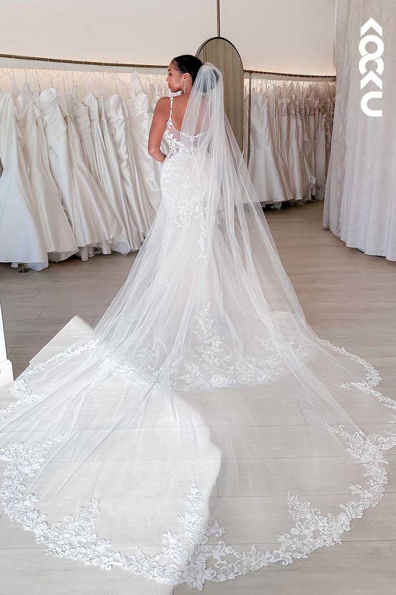 K1004 - Deep V-Neck Lace Appliqued Mermaid Wedding Dress With Sweep Train