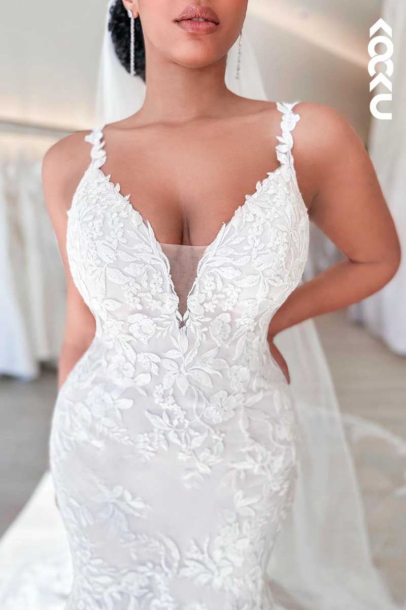 K1004 - Deep V-Neck Lace Appliqued Mermaid Wedding Dress With Sweep Train