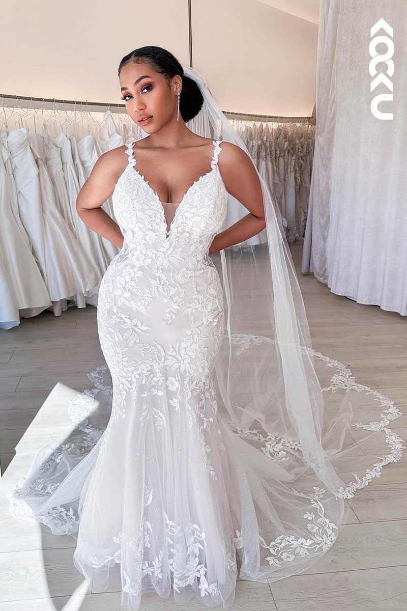 K1004 - Deep V-Neck Lace Appliqued Mermaid Wedding Dress With Sweep Train