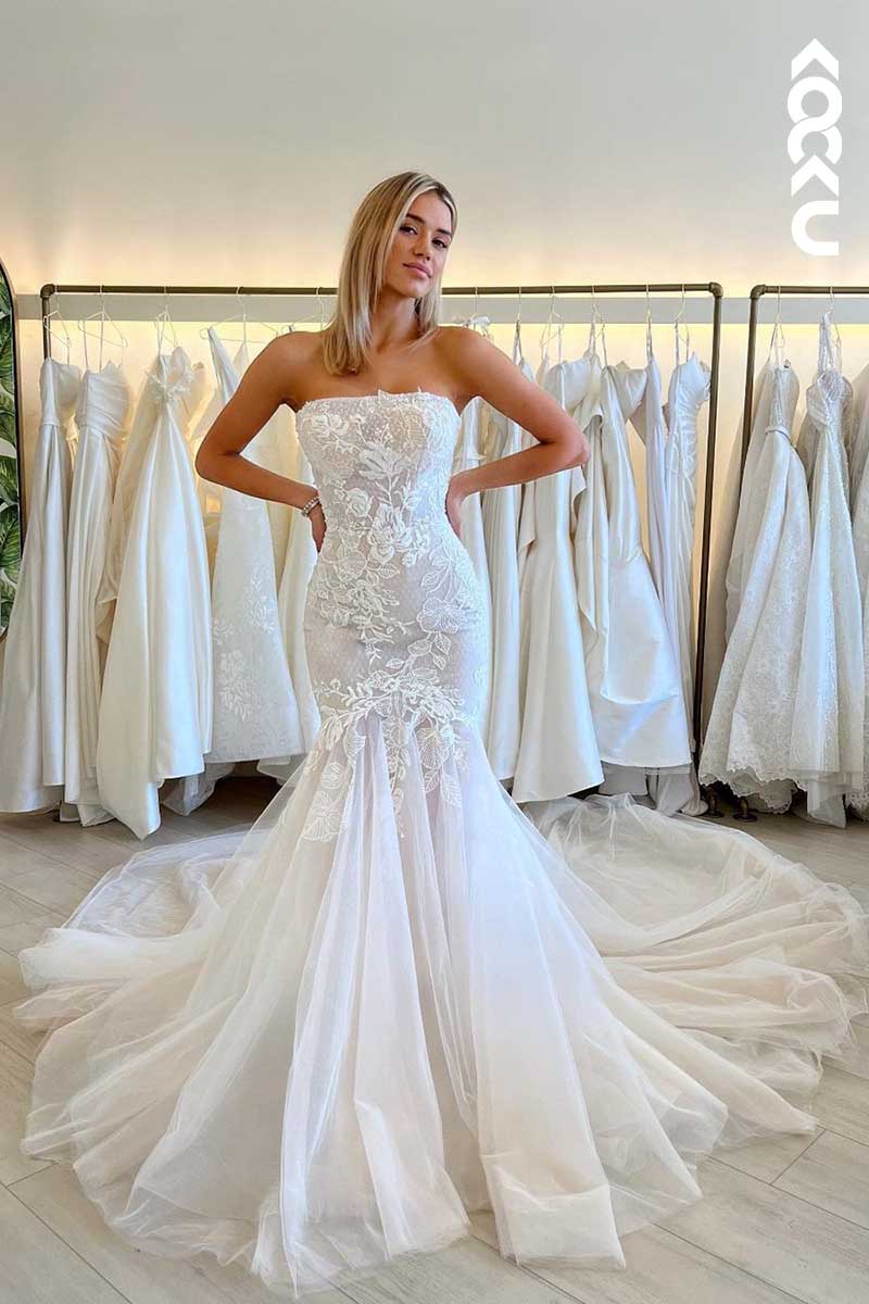 K1005 - Strapless Lace Appliqued Long Mermaid Wedding Dress With Sweep Train