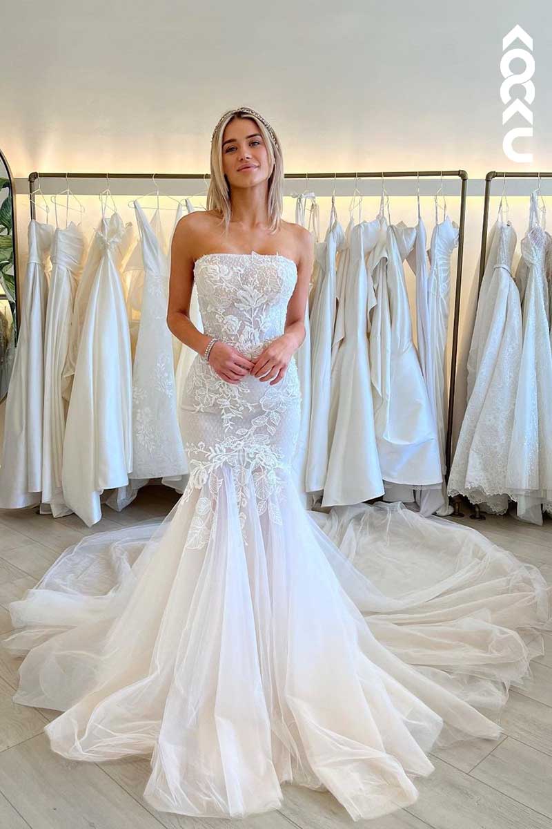 K1005 - Strapless Lace Appliqued Long Mermaid Wedding Dress With Sweep Train