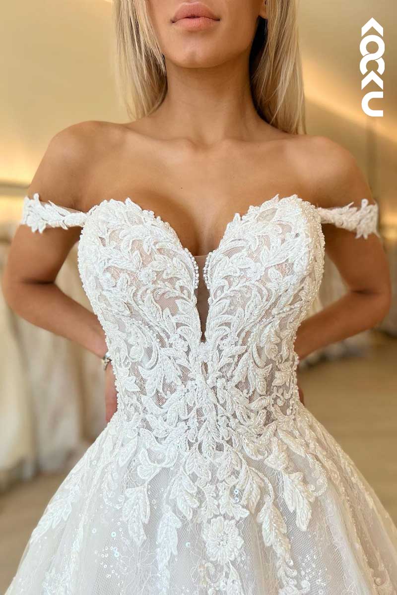 K1006 - V-Neck Off-Shoulder Lace Appliqued Beaded A-Line Wedding Dress