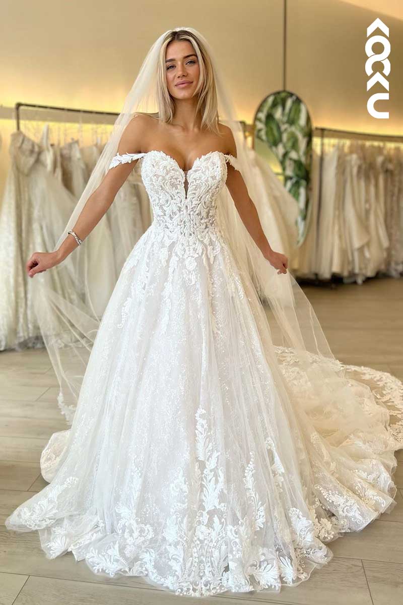 K1006 - V-Neck Off-Shoulder Lace Appliqued Beaded A-Line Wedding Dress