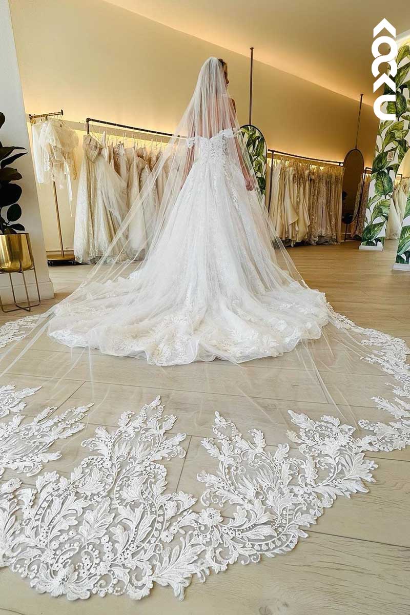 K1006 - V-Neck Off-Shoulder Lace Appliqued Beaded A-Line Wedding Dress