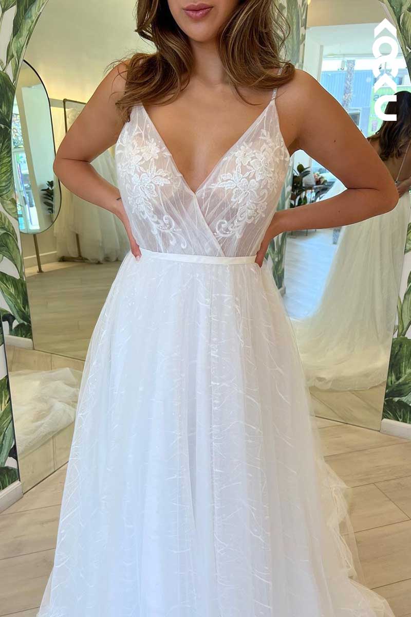 K1007 - V-Neck Spaghetti Straps Lace Appliqued Tulle Long Wedding Dress