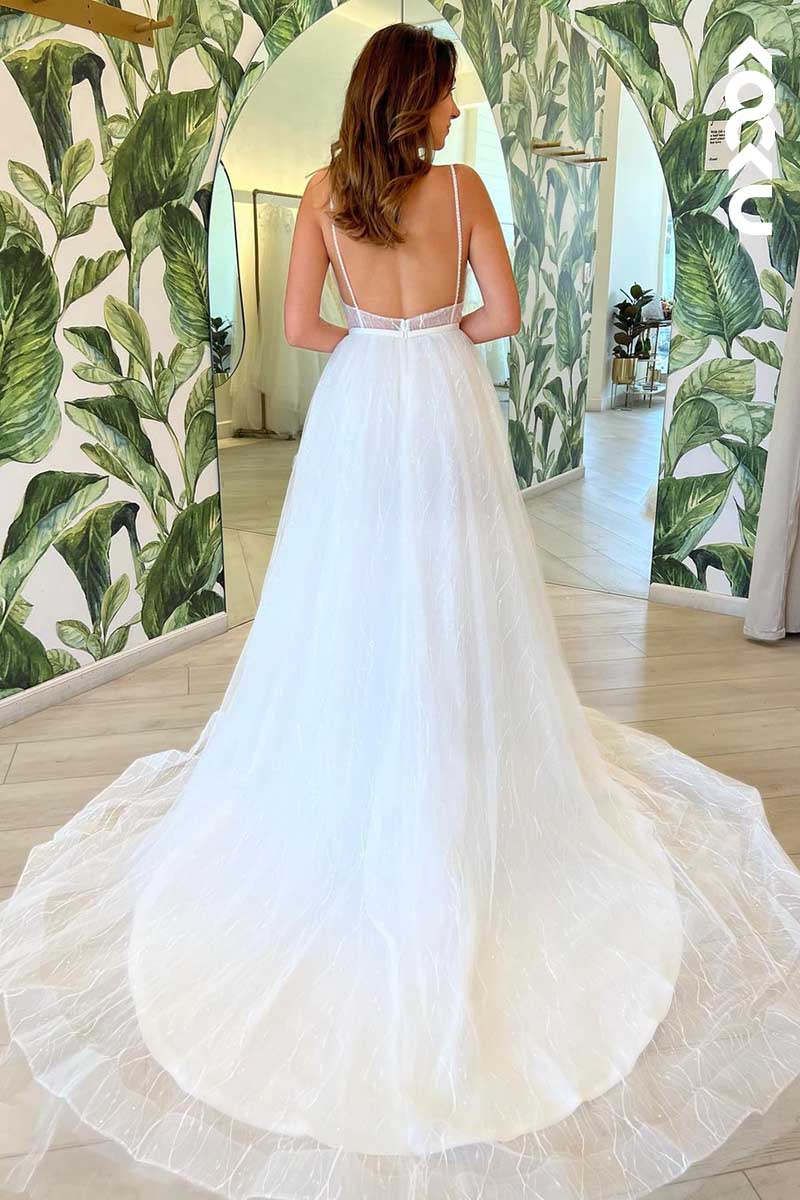 K1007 - V-Neck Spaghetti Straps Lace Appliqued Tulle Long Wedding Dress