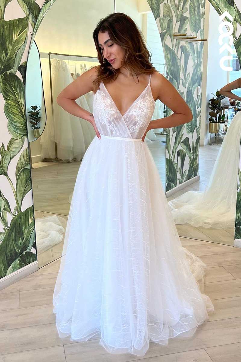 K1007 - V-Neck Spaghetti Straps Lace Appliqued Tulle Long Wedding Dress