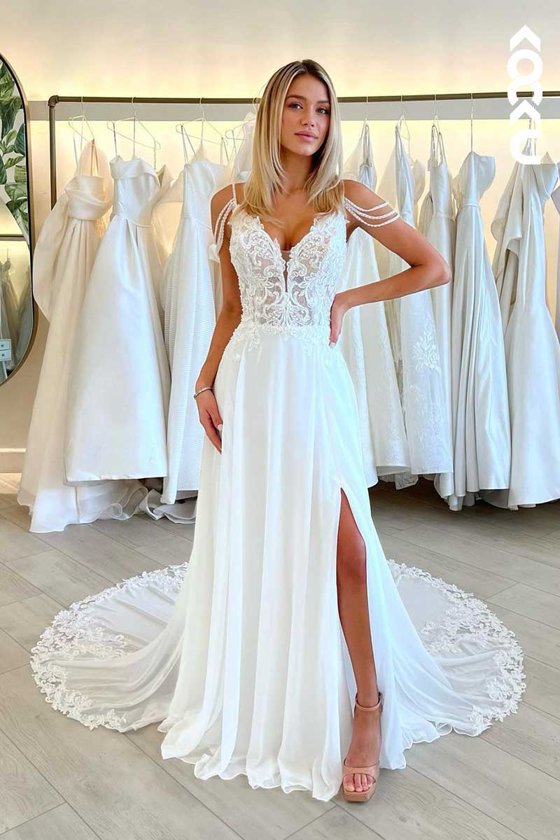 K1008 - V-Neck Spaghetti Straps Lace Appliqued Backless Wedding Dress