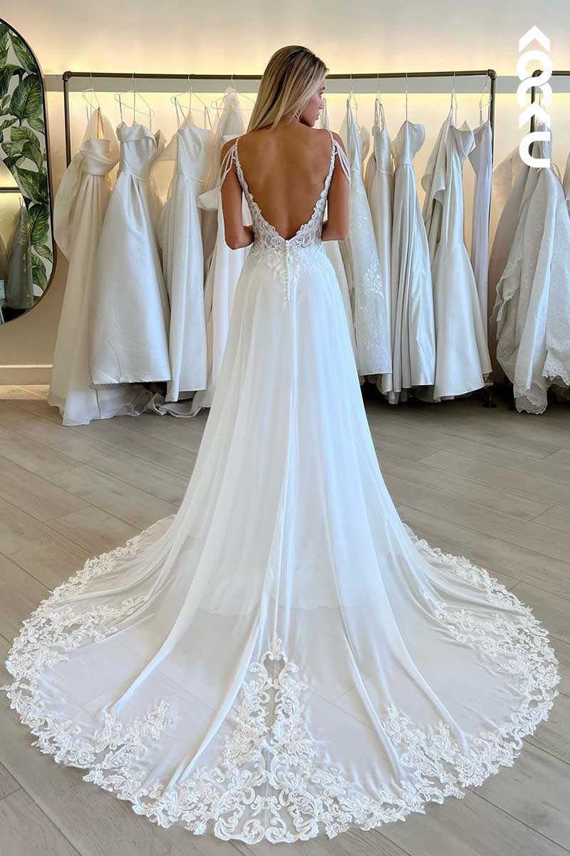 K1008 - V-Neck Spaghetti Straps Lace Appliqued Backless Wedding Dress