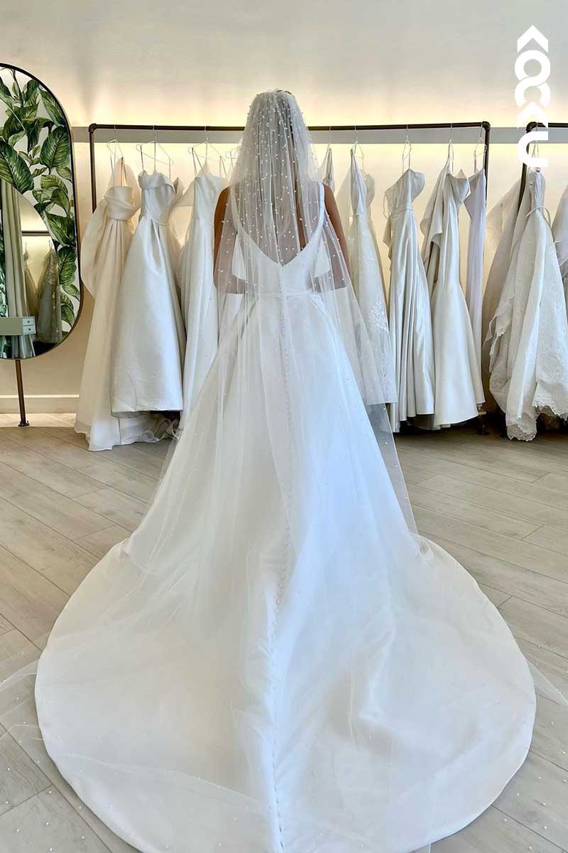 K1009 - Square Neck Backless Satin Long A-Line Wedding Dress With Slit