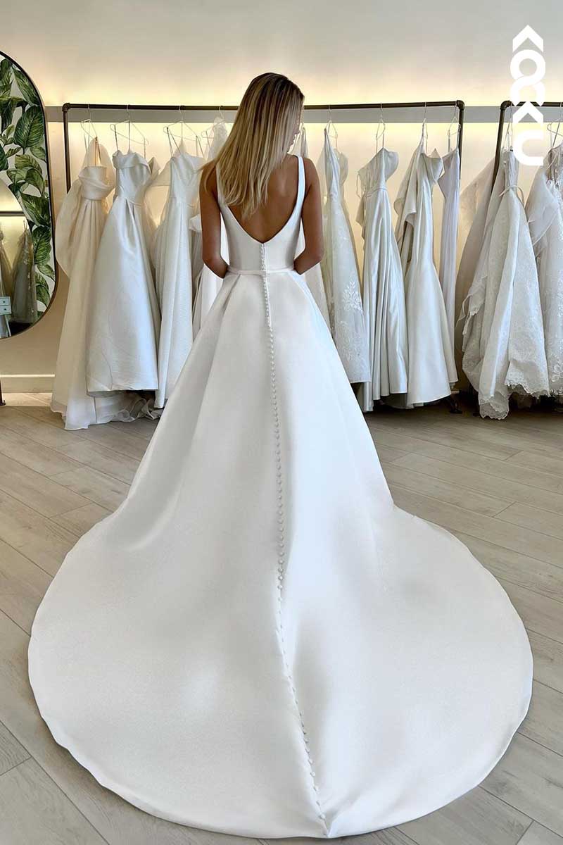 K1009 - Square Neck Backless Satin Long A-Line Wedding Dress With Slit